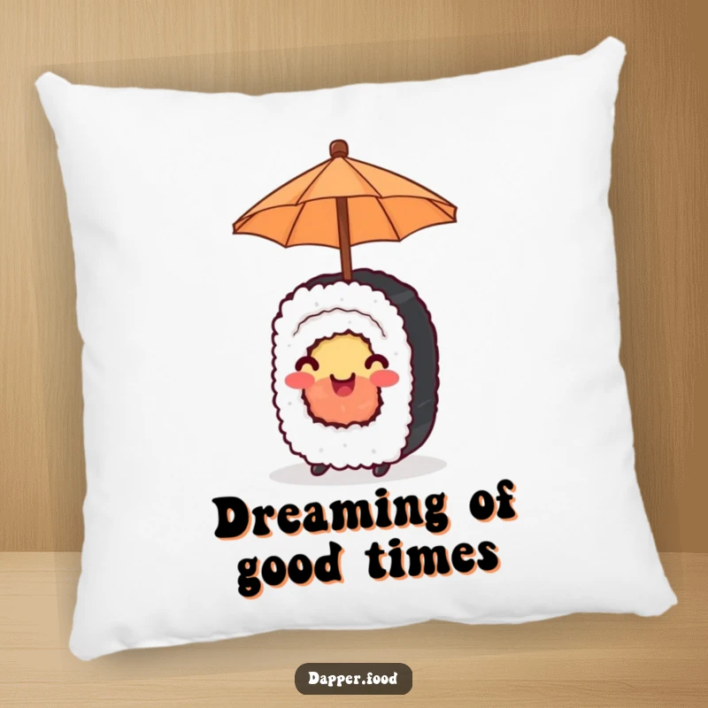 Funny Pillow with a happy sushi roll sheltering under a tiny umbrella, offering cute comfort and humor.