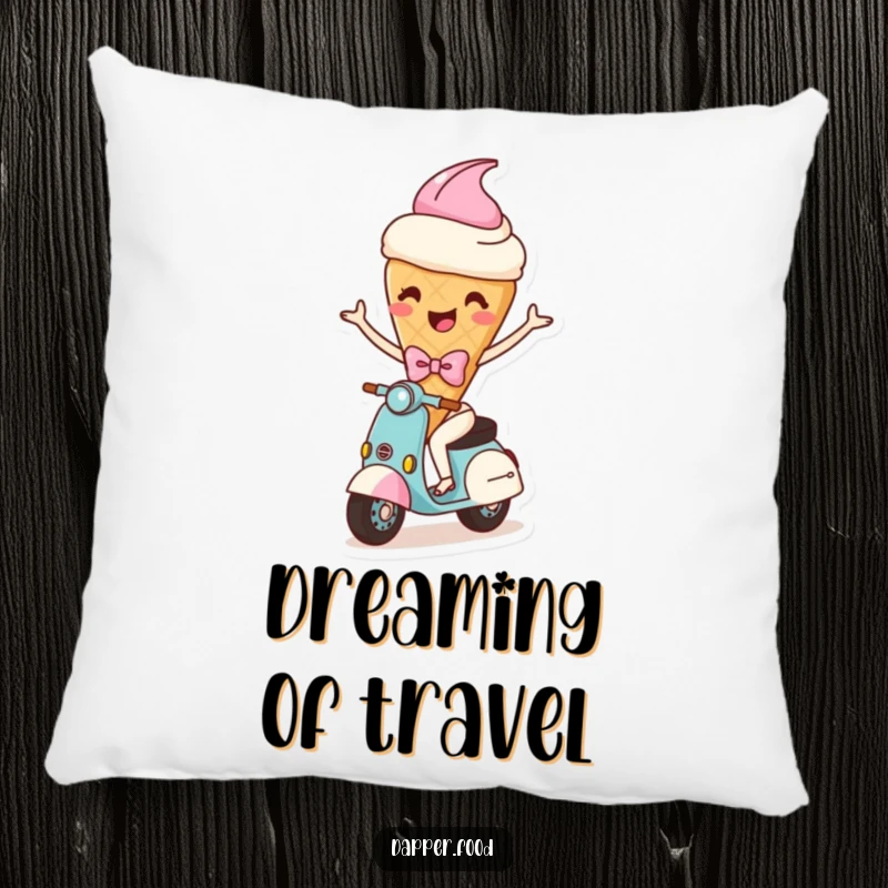 Funny pillow depicting a happy ice cream cone character with arms and a bow, comically riding a scooter, offering soft comfort and cheer.