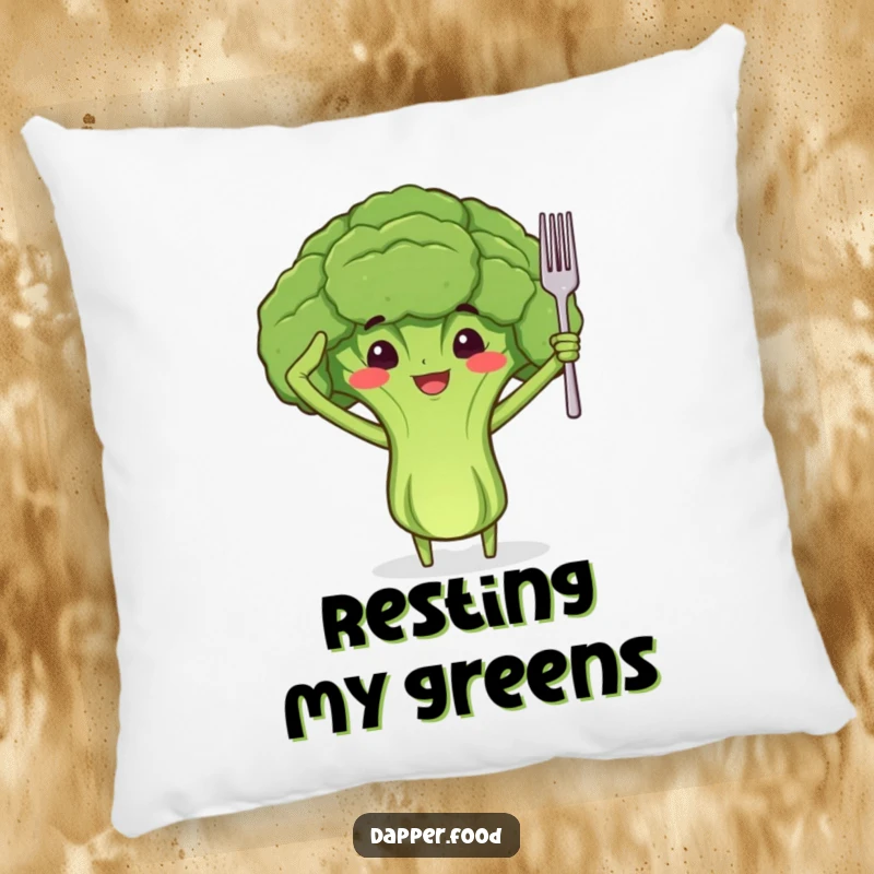Funny pillow with a proud broccoli floret character with arms, saluting with a tiny fork, for cozy, healthy vibes.
