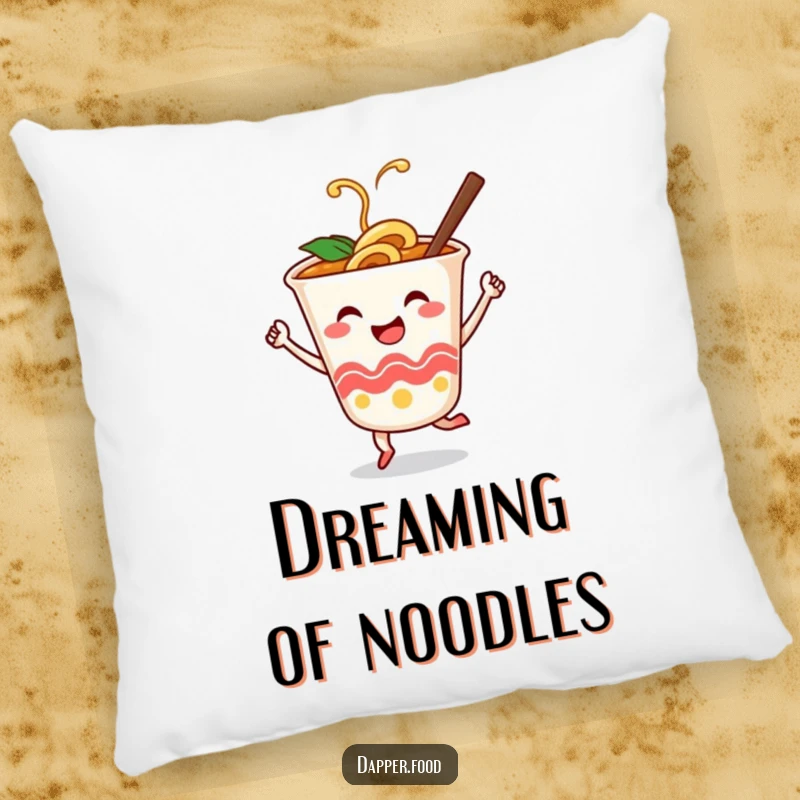 Funny pillow showing a smiling ramen cup character dancing with chopsticks, for cozy enjoyment.