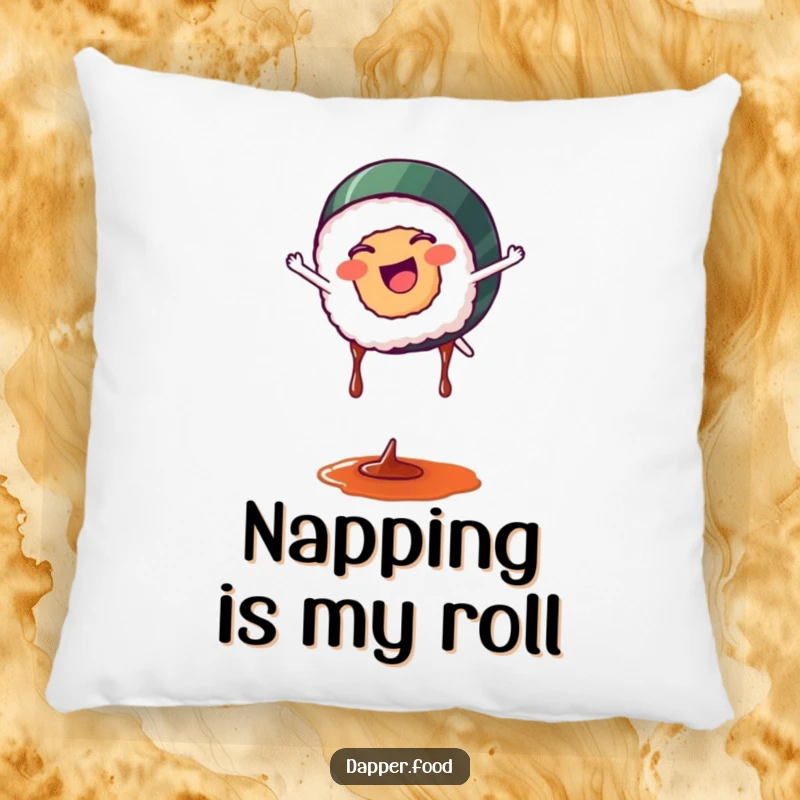 Funny sushi pillow featuring a happy sushi roll in mid-cartwheel with soy sauce drips, designed for comfort and smiles.