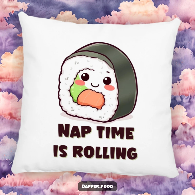 Funny Sushi Roll Pillow: A cheerful sushi piece rolling happily, offering comfort and a playful decorative touch.