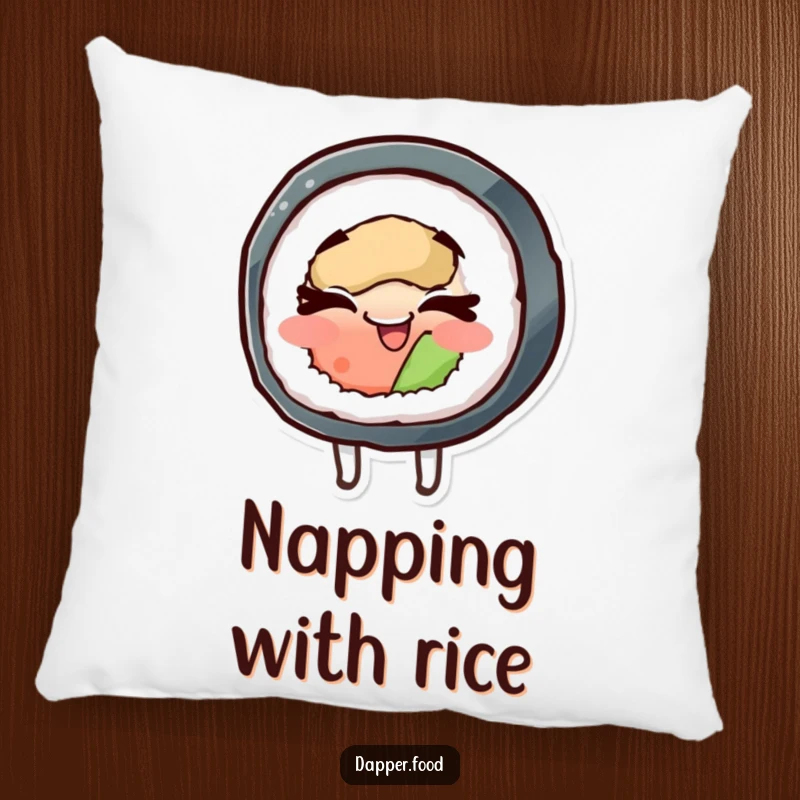 Funny pillow featuring a cheerful sushi roll character spinning with eyes closed, offering comfort and a dash of Japanese charm.