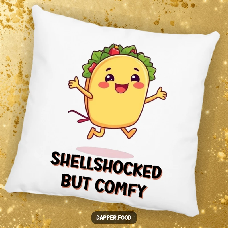 Funny taco pillow featuring a smiling taco character having a blast jumping rope with its shell, designed for comfort and laughs.