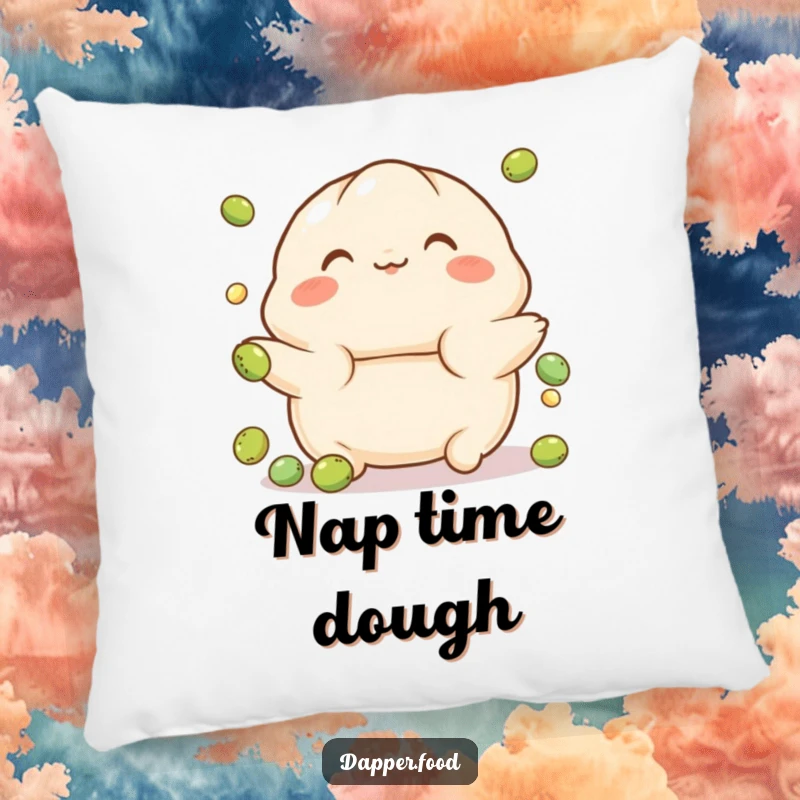 Funny pillow featuring a playful, rosy-cheeked dumpling character juggling small peas, offering soft and cute comfort.