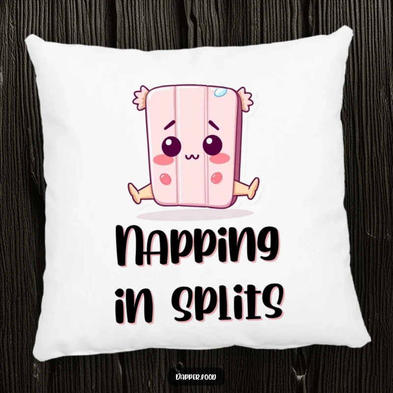 Funny Pillow: A happy anthropomorphic candy bar character performs a split, looking surprised, offering a soft and humorous decorative touch.