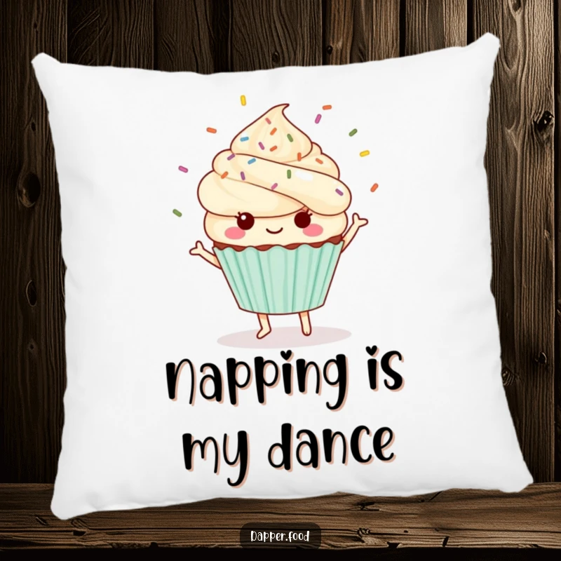 Funny Kawaii cupcake pillow featuring a cute character dancing with sprinkles flying.