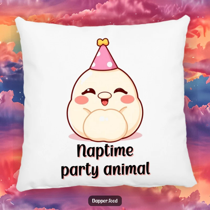 Funny dumpling pillow, a cheerful, winking bun with a party hat, bringing cozy, festive vibes.