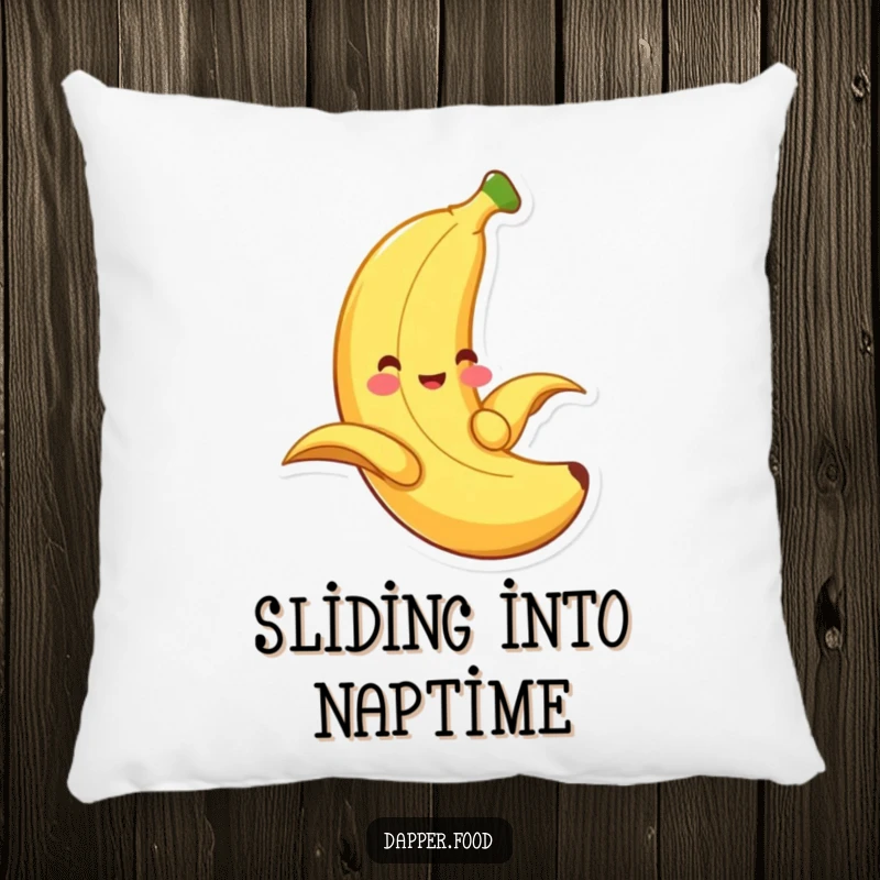 Funny banana pillow, a smiling fruit sliding down its peel, bringing cozy, playful vibes.