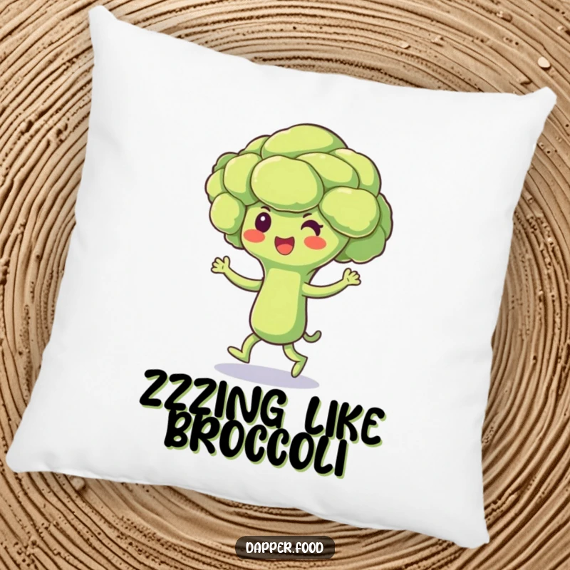 Funny Broccoli Pillow featuring a beaming broccoli floret character doing a cheerful jig, perfect for adding soft comfort and humor.