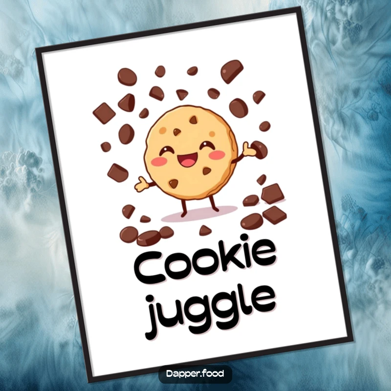 Funny digital art print of a grinning cookie enthusiastically juggling chocolate chips, creating a whimsical and humorous scene.