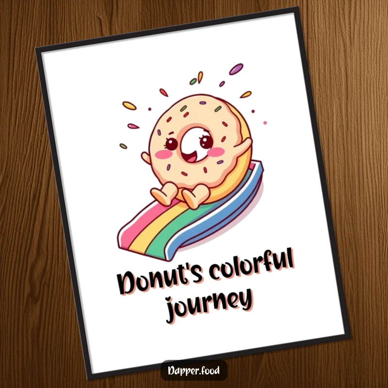 Funny digital art print of a cheerful donut character with sprinkles flying as it slides down a rainbow, perfect for happy decor.