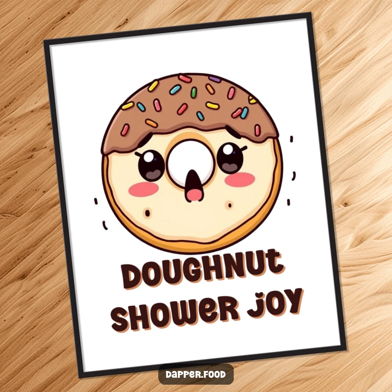Funny digital art print of a surprised doughnut character with an astonished expression, showered by a cascade of colorful sprinkles.