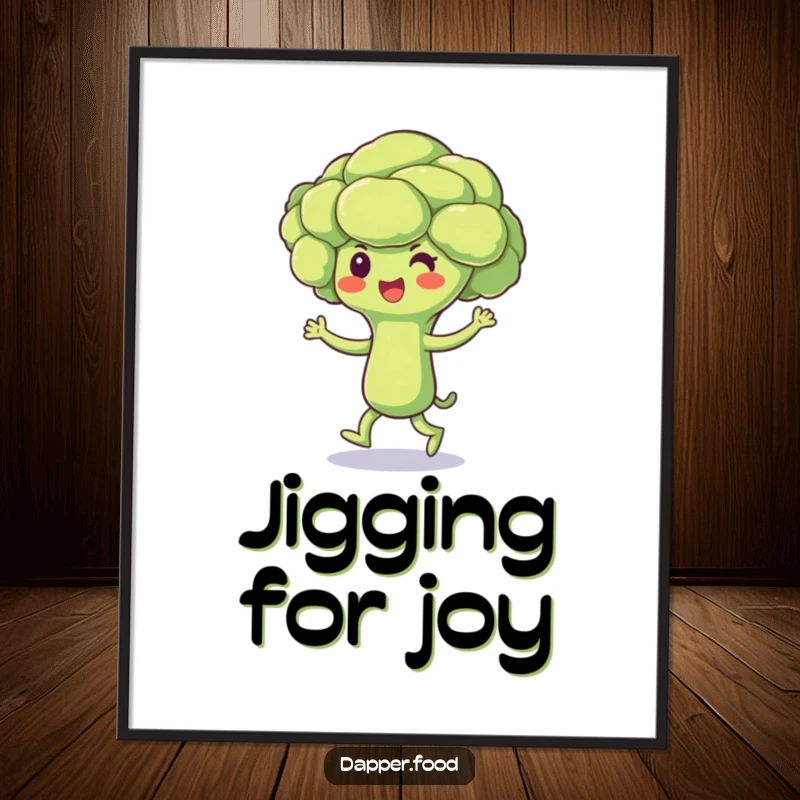 Funny Broccoli Digital Art Print of a beaming broccoli floret character doing a joyful jig, ready to bring cheerful humor to your walls.
