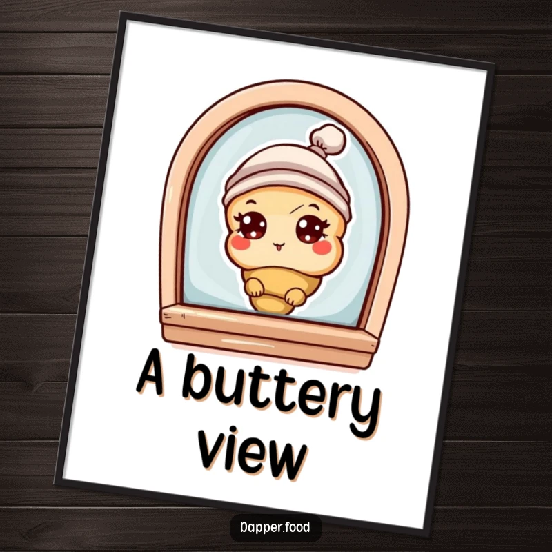 Funny digital art print of a curious croissant character with eyes and a tiny hat, peeking from a bakery window, for instant decor.