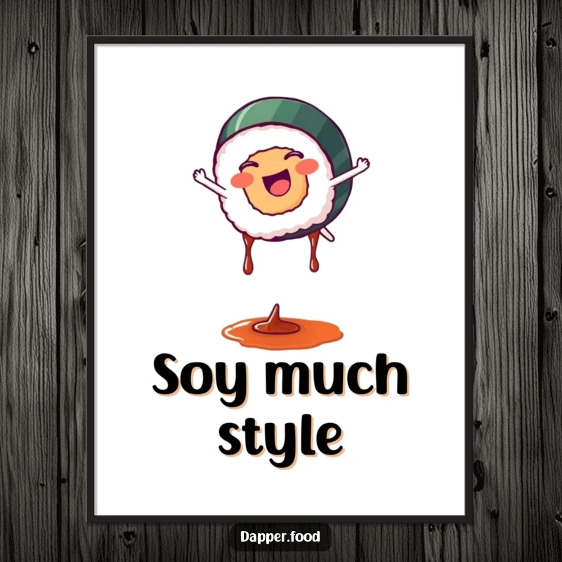 Funny sushi digital art print of a happy sushi roll doing a cartwheel with soy sauce drips, perfect for instant decor.