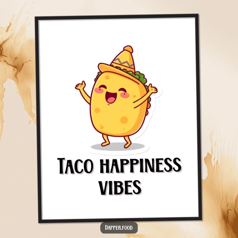 Funny Taco Digital Art Print, happily dancing with a tiny sombrero, offering instant fiesta vibes and humorous decor.