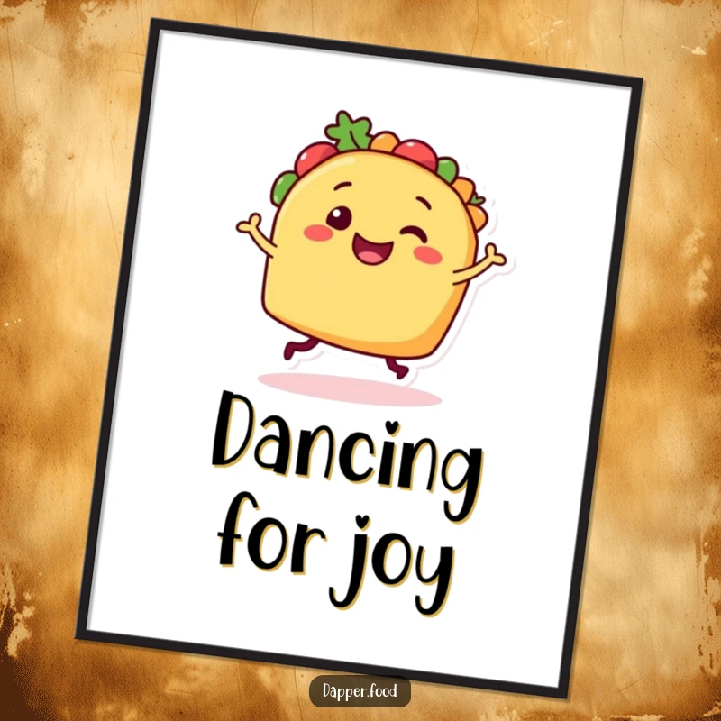 Funny Taco Dancer Digital Art Print: A smiling taco character performing a lively dance, offering vibrant and humorous wall art.