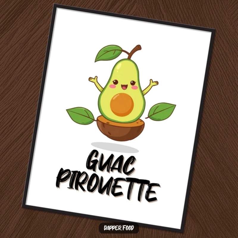 Funny digital art print of a happy avocado performing a flamboyant pirouette on its pit, creating a whimsical and elegant scene.