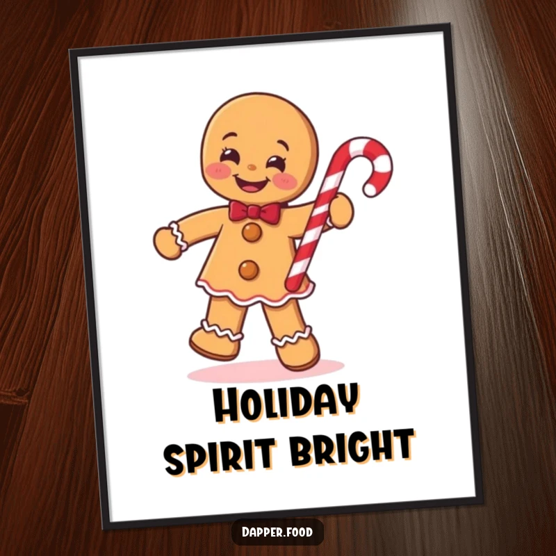Funny Gingerbread Man Digital Art Print, smiling and jigging with a candy cane, offering instant festive cheer and humor.