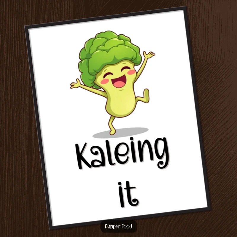 Funny broccoli floret character performing a jubilant cartwheel, available as a downloadable digital art print for humorous decor.