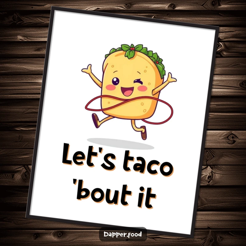 Funny taco character jumping rope with salsa, available as a downloadable digital art print for zesty and humorous decor.