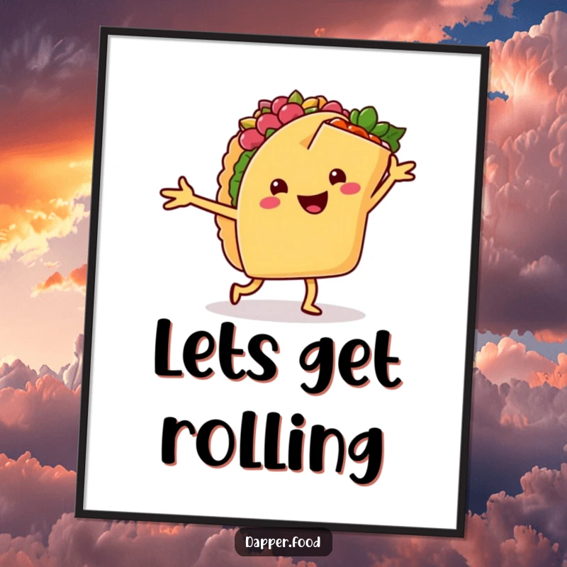 Funny digital art print of a happy taco dancing salsa with a cheerful burrito, providing instant festive and humorous wall art.