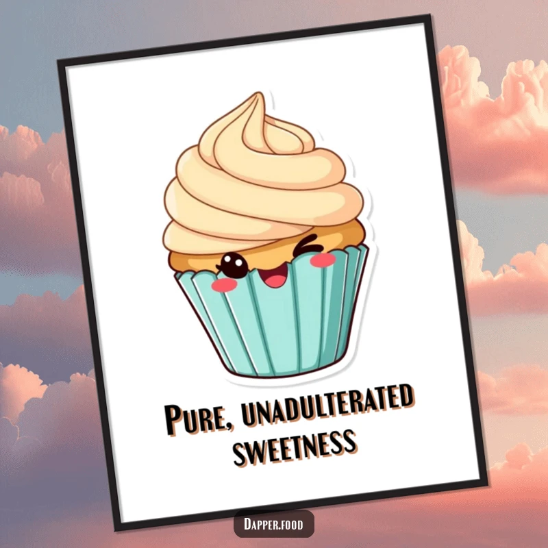Funny digital art print of a cheeky cupcake with tilted frosting, winking, perfect for instant wall decor.
