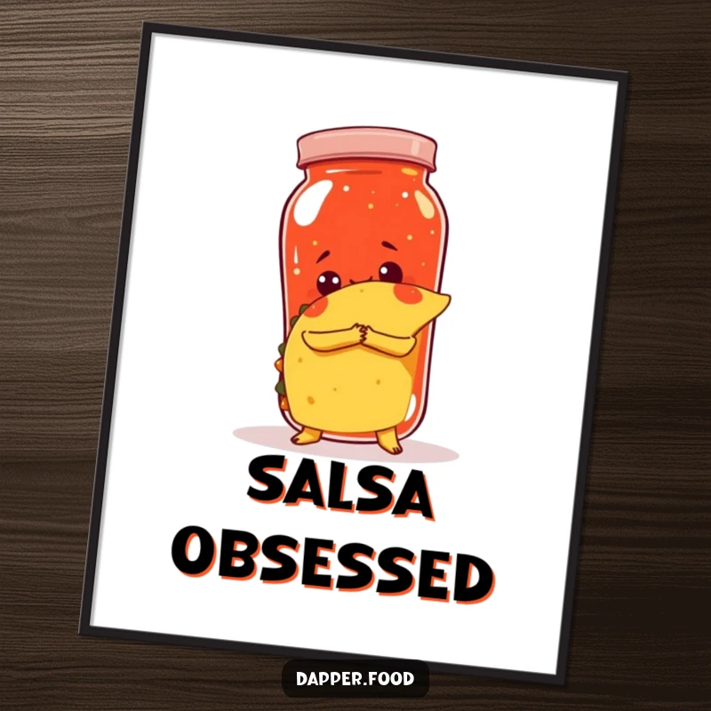 Funny digital art print of a taco attempting to hug a giant salsa jar, whimsical and humorous.