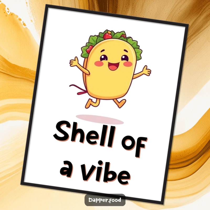 Funny taco digital art print of a smiling taco character energetically jumping rope with its shell, perfect for instant wall decor.