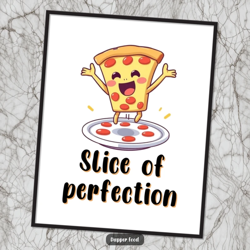 Funny pizza digital art print of a delighted pizza slice making a dramatic leap from a plate, perfect for instant decor.