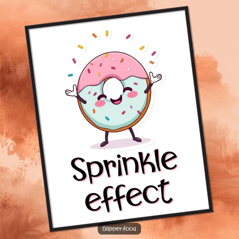 Funny donut digital art print of a cheerful donut character juggling sprinkles, perfect for instant wall decor.