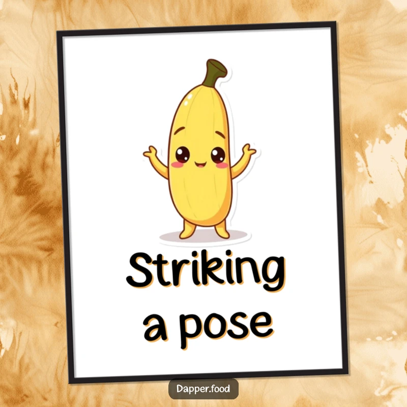 Funny Banana Digital Art Print of a curious banana character with peel askew, striking a humorous pose, ready to be printed and displayed.