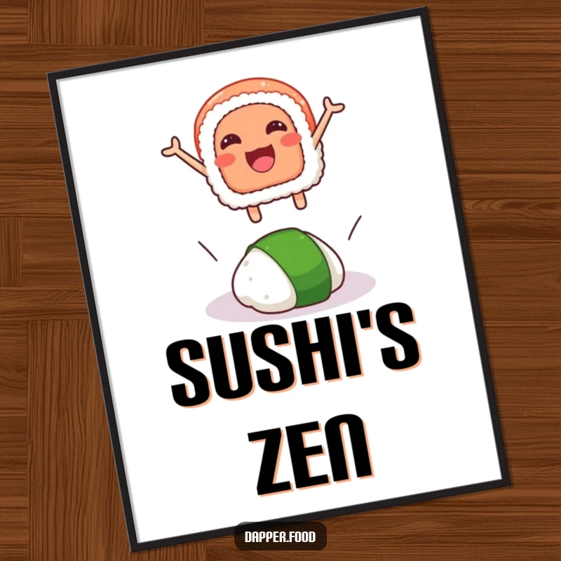 Funny digital art print of a smiling sushi slice performing an epic leap over a rogue wasabi dollop for maximum amusement.