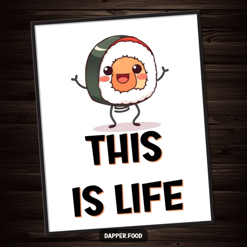 Funny digital art print of a smiling sushi roll happily bouncing on tiny spring legs, providing instant cheerful and humorous wall art.
