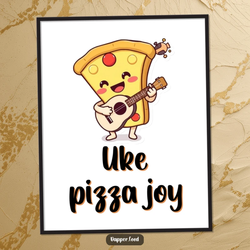 Funny digital art print of a smiling pizza slice playing a ukulele. Brings instant musical joy and humor to any room.