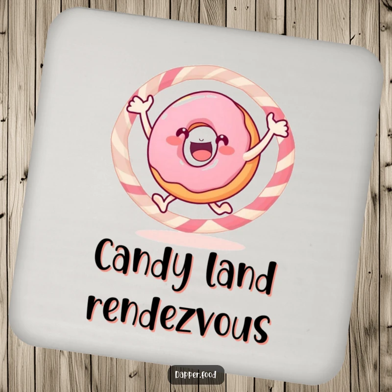 Funny donut coaster, a gleeful pastry jumping through a candy hoop, adding sweet humor to drinks.