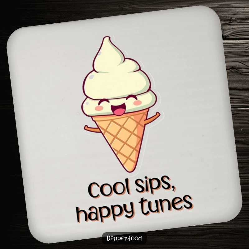Funny Ice Cream Drink Coaster: A joyous ice cream cone character tilted as if singing, adding humorous protection.