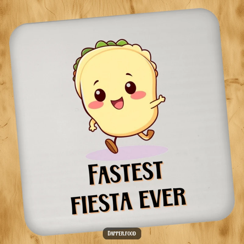 Funny Kawaii taco coaster featuring a cute taco character with tiny legs in a playful running stance.