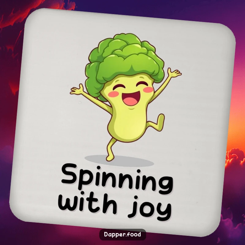 Funny broccoli character cartwheeling joyfully, designed as a humorous and protective drink coaster for any surface.
