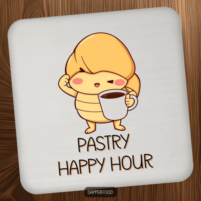 Funny drink coasters with a determined croissant striking a dramatic pose with a tiny coffee cup, adding humor and protection to surfaces.