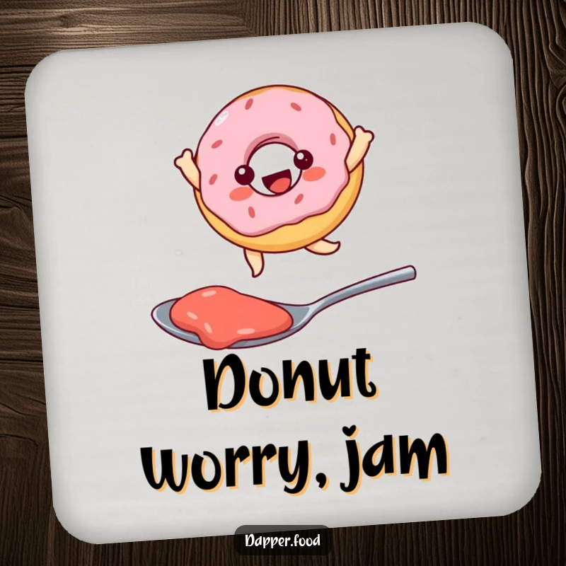 Funny Kawaii donut character joyfully leaping over a spoonful of jam, a humorous coaster for drink protection.