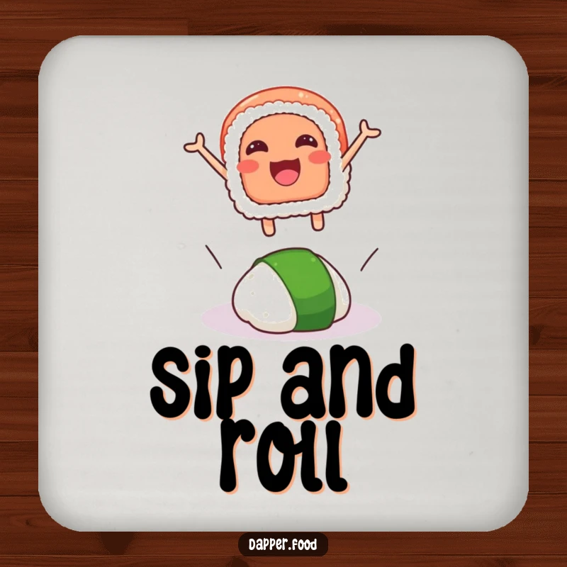 Funny drink coaster with a smiling sushi slice joyfully leaping over a rogue wasabi dollop, offering protection and humor.