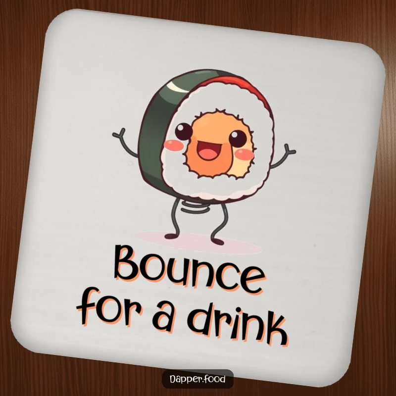 Funny drink coaster with a smiling sushi roll happily bouncing on tiny spring legs, adding cheerful and humorous surface protection.