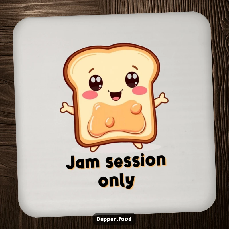 Funny Coaster: A delighted piece of toast with eager eyes jumps towards a jelly jar, a small piece of breakfast joy.