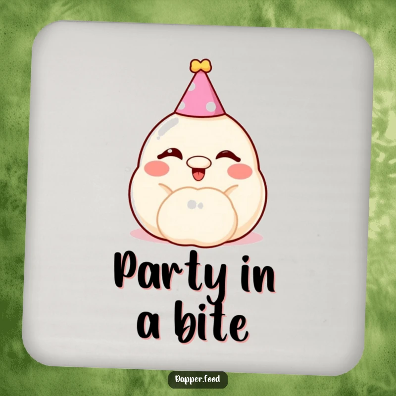 Funny dumpling coaster, a cheerful, winking bun with a party hat, adding festive humor to drinks.