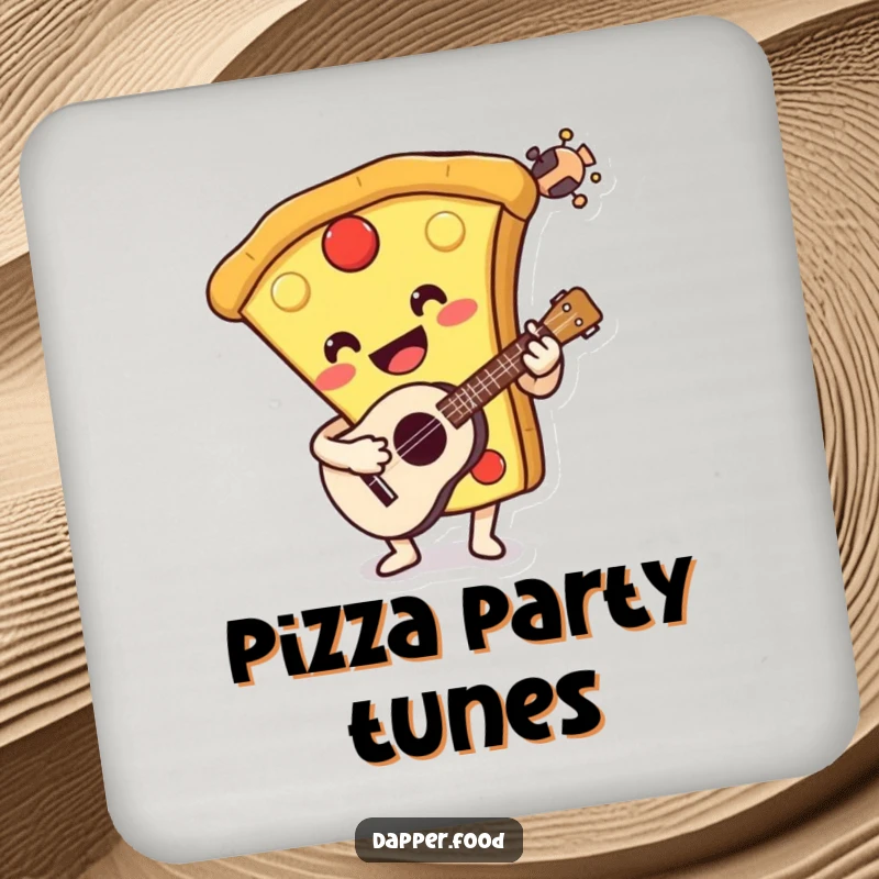 Funny drink coaster depicting a smiling pizza slice playing a ukulele. Humorous surface protection for music and food enthusiasts.