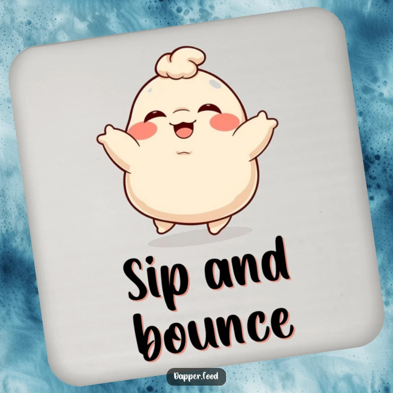 Funny Dumpling Drink Coaster: A plump, giggling dumpling character bouncing with delight, adding humorous protection.