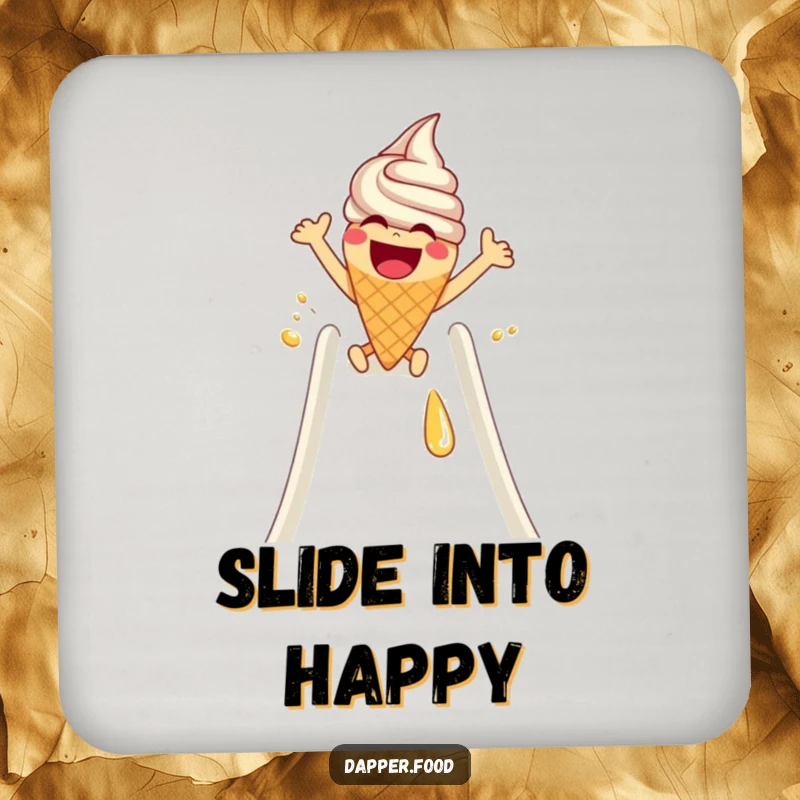 Funny Coaster: A laughing ice cream cone with arms slides down a syrup slide, a delightful piece of dessert art.