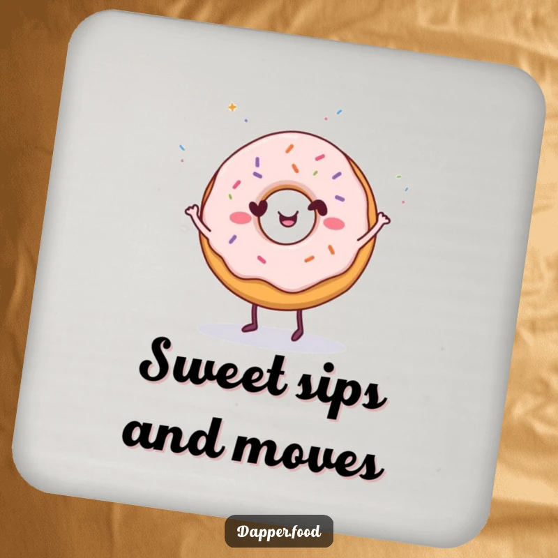 Funny Donut Dance Drink Coaster: A happy donut character dancing with sprinkles, bringing sweet humor and a great funny gift.